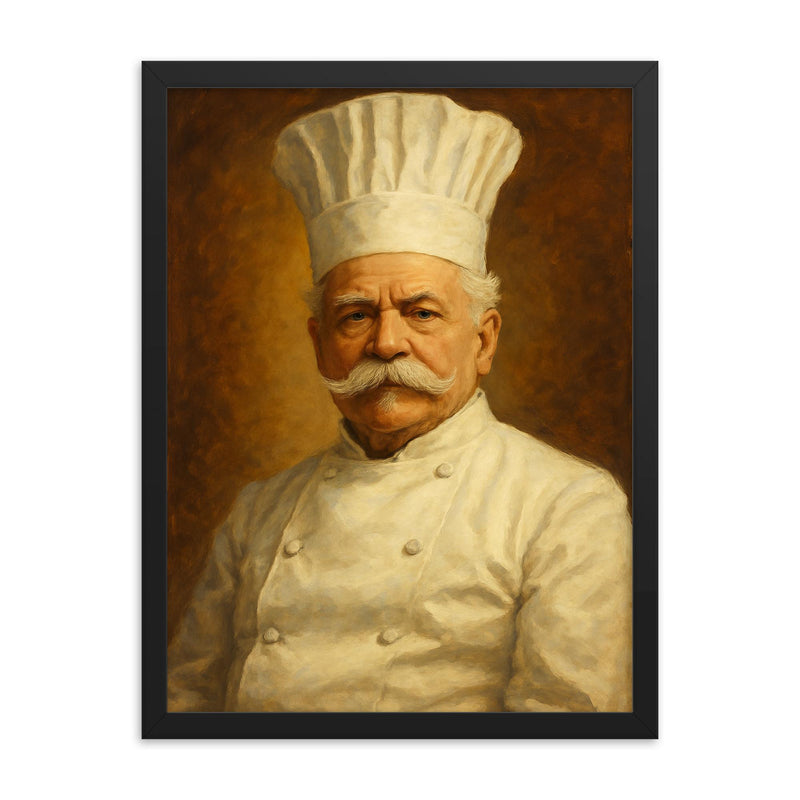 Auguste Escoffier framed print on a plain backdrop in size 18