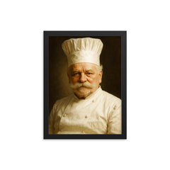 Auguste Escoffier portrait framed print on a plain backdrop in size 12"x16".