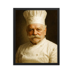 Auguste Escoffier portrait framed print on a plain backdrop in size 16"x20".
