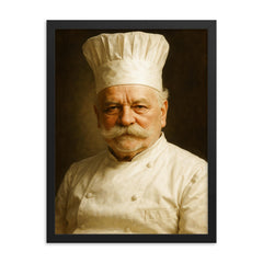 Auguste Escoffier portrait framed print on a plain backdrop in size 18"x24".
