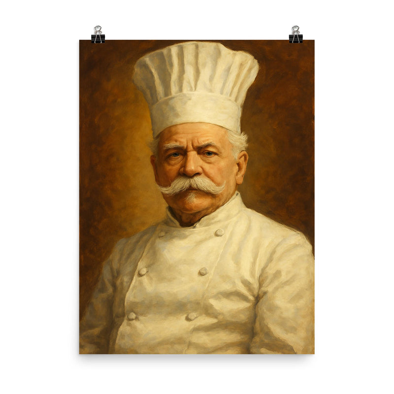 Auguste Escoffier poster on a plain backdrop in size 8