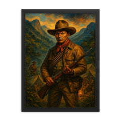 Augusto Cesar Sandino in mountain guerrilla camp framed print on a plain backdrop in size 18"x24".