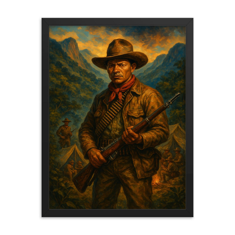 Augusto Cesar Sandino in mountain guerrilla camp framed print on a plain backdrop in size 18