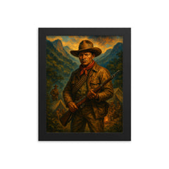 Augusto Cesar Sandino in mountain guerrilla camp framed print on a plain backdrop in size 8"x10".