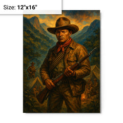 Augusto Cesar Sandino in mountain guerrilla camp metal print on a plain backdrop in size 12"x16".