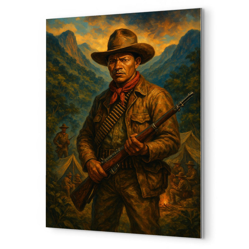 Augusto Cesar Sandino in mountain guerrilla camp metal print mockup