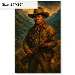 Augusto Cesar Sandino in mountain guerrilla camp metal print on a plain backdrop in size 24"x36".