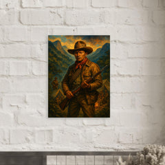 Augusto Cesar Sandino in mountain guerrilla camp metal print mockup