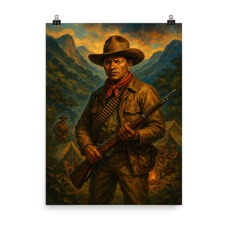 Augusto Cesar Sandino in mountain guerrilla camp poster on a plain backdrop in size 8