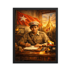 Aung San at Burmese independence desk framed print on a plain backdrop in size 16"x20".