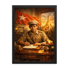 Aung San at Burmese independence desk framed print on a plain backdrop in size 18"x24".