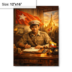 Aung San at Burmese independence desk metal print on a plain backdrop in size 12"x16".