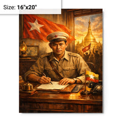 Aung San at Burmese independence desk metal print on a plain backdrop in size 16"x20".
