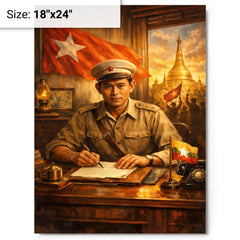Aung San at Burmese independence desk metal print on a plain backdrop in size 18"x24".