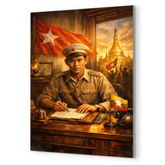 Aung San at Burmese independence desk metal print mockup