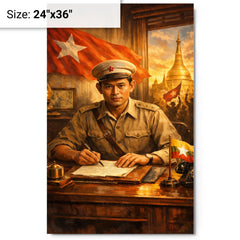 Aung San at Burmese independence desk metal print on a plain backdrop in size 24"x36".
