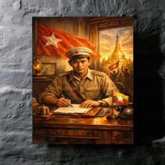 Aung San at Burmese independence desk metal print mockup