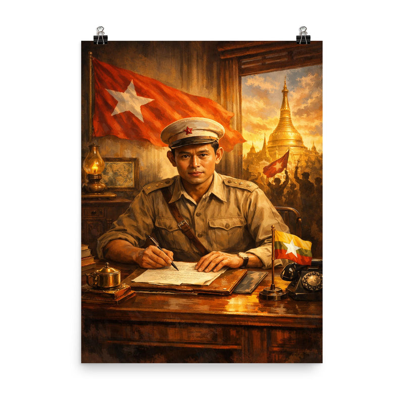 Aung San at Burmese independence desk poster on a plain backdrop in size 8
