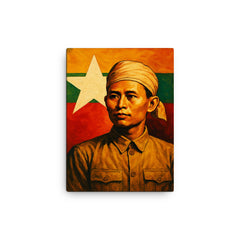 Aung San before Burma's freedom flag canvas print on a plain backdrop in size 12"x16".