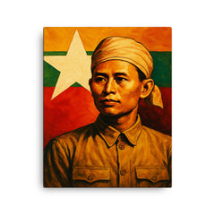 Aung San before Burma's freedom flag canvas print on a plain backdrop in size 16"x20".