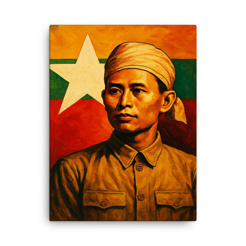 Aung San before Burma's freedom flag canvas print on a plain backdrop in size 18