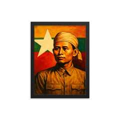 Aung San before Burma's freedom flag framed print on a plain backdrop in size 12"x16".