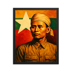 Aung San before Burma's freedom flag framed print on a plain backdrop in size 16"x20".