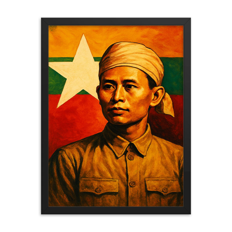 Aung San before Burma's freedom flag framed print on a plain backdrop in size 18