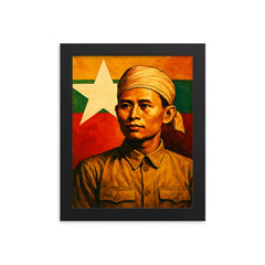 Aung San before Burma's freedom flag framed print on a plain backdrop in size 8"x10".