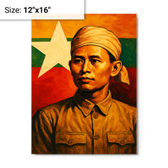 Aung San before Burma's freedom flag metal print on a plain backdrop in size 12"x16".