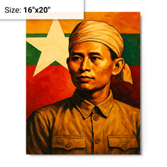 Aung San before Burma's freedom flag metal print on a plain backdrop in size 16"x20".