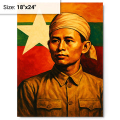 Aung San before Burma's freedom flag metal print on a plain backdrop in size 18"x24".