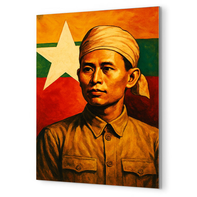 Aung San before Burma's freedom flag metal print mockup