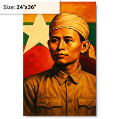 Aung San before Burma's freedom flag metal print on a plain backdrop in size 24"x36".