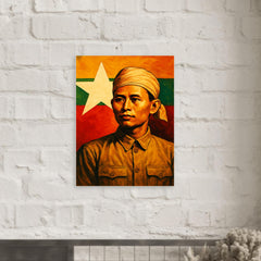 Aung San before Burma's freedom flag metal print mockup