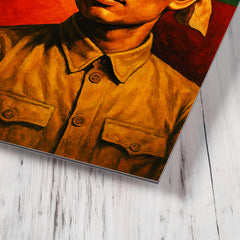 Aung San before Burma's freedom flag metal print mockup