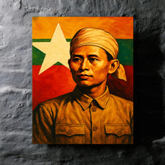 Aung San before Burma's freedom flag metal print mockup