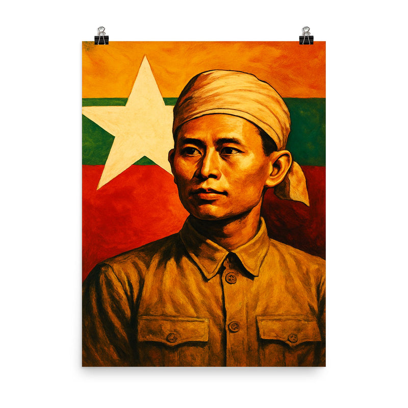 Aung San before Burma's freedom flag poster on a plain backdrop in size 8