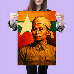 Aung San before Burma's freedom flag poster 3