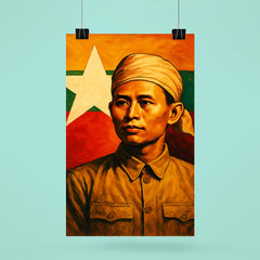 Aung San before Burma's freedom flag poster 6
