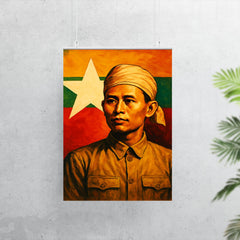 Aung San before Burma's freedom flag poster 7