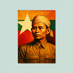 Aung San before Burma's freedom flag poster 8