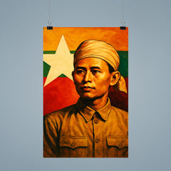 Aung San before Burma's freedom flag poster 9