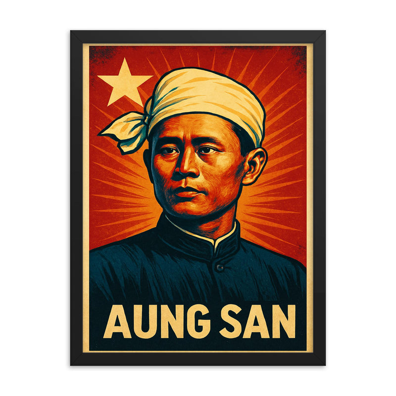 Aung San framed print on a plain backdrop in size 18
