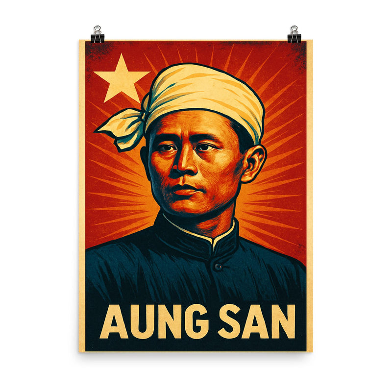Aung San poster on a plain backdrop in size 8