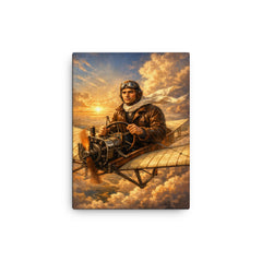 Aurel Vlaicu above early monoplane wings canvas print on a plain backdrop in size 12"x16".