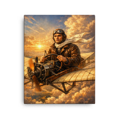 Aurel Vlaicu above early monoplane wings canvas print on a plain backdrop in size 16"x20".