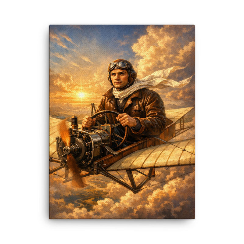 Aurel Vlaicu above early monoplane wings canvas print on a plain backdrop in size 18