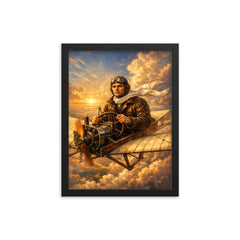 Aurel Vlaicu above early monoplane wings framed print on a plain backdrop in size 12"x16".