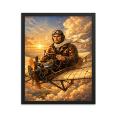 Aurel Vlaicu above early monoplane wings framed print on a plain backdrop in size 16"x20".